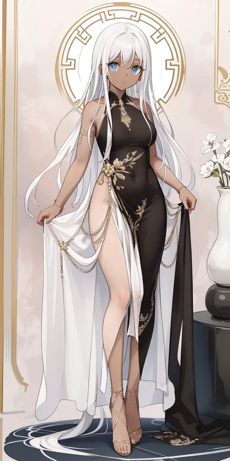 Best quality, best definition, best art, artwork, beautiful, painting, white hair, long white hair, perfect hair, long hair, perfect skin, black skin, brown skin, black skin, dress, long white dress, white dress, greek goddess dress, full body, whole body....