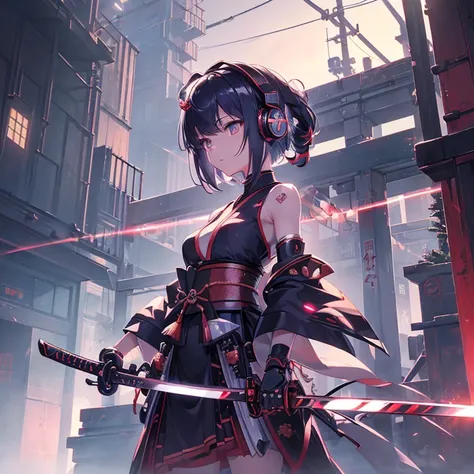  (((arms、Katana、armsを持つ))) (((Cyber World))),cinematic light, ((Japanese style))((1 mechanical girl)),alone, ,whole body,kimono、(mechanical joint:1.4),Expressionless,(headphones),small breasts,short hair,character focus,SF、flower hair ornament、Katana、