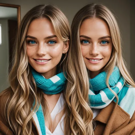 Its a beautiful real young woman with wavy long blond hair. Darker hairline. She is quite tall. She has a long pretty pointed nose. Sky Blue eyes. Large smile with really pretty dimples. Chin not pointy. Lightly red skin tone on her dimples. Lot of Freckle...