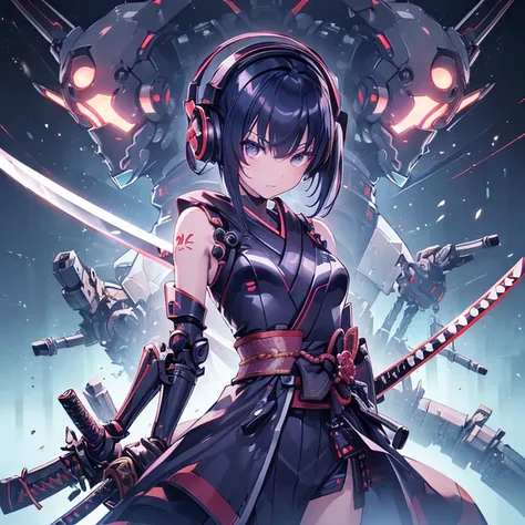  (((arms、Katana、armsを持つ))) (((Cyber World))),cinematic light, ((Japanese style))((1 mechanical girl)),alone, ,whole body,kimono、(mechanical joint:1.4),Expressionless,(headphones),small breasts,short hair,character focus,SF、flower hair ornament、Katana、