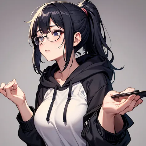 messy hair、dull bangs、ponytail、messy hair、Sloppy、cross-eyed、drunk、( fool / Sexual ecstasy)、Glasses、highest quality, Super delicate illustration, Beautiful charming anime girl, slender body, tied hair, one girl,wearing a hood,hoodie