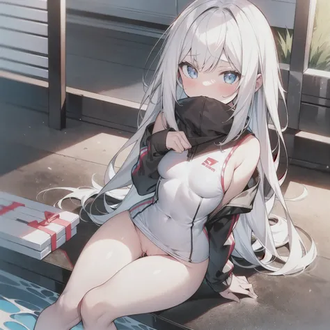 white hair,White competitive swimsuit,Loli,loli,small breasts,No breasts,slender,cute,It&#39;s exposed,cover your chest with your hands,lotion,Wet,love,embarrassed,love juice,Pussy,Pussyから液体,highest quality,one person,exposing genitals,female organ,nipple,...