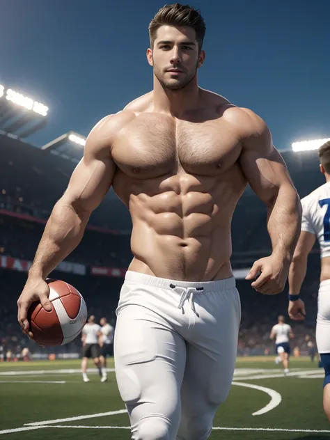 8k，8K resolution，2 Muscular Europeans, handsome man，charming eyes，White skin,beautiful, smooth and shiny，Full pectoral muscles，Thick body hair，naked， white pants，Big bag highlights，emphasize，Wearing gym shorts，naked，Playing football on the field with many ...