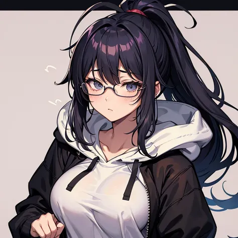 messy hair、dull bangs、messy hair、Sloppy、cross-eyed、drunk、( fool / Sexual ecstasy)、Glasses、highest quality, Super delicate illustration, Beautiful charming anime girl, slender body, tied hair, one girl,wearing a hood,hoodie、bust shot、ponytail、cool