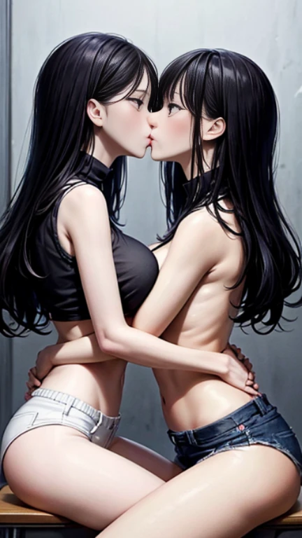 two teenage girls，angry look，equivalent height，In the classroom，Black and blonde hair，face each other and look at each other，hug each other，two bodies are close together，kiss、Picture of two people、Holding hands and facing each other、Photograph of two peopl...