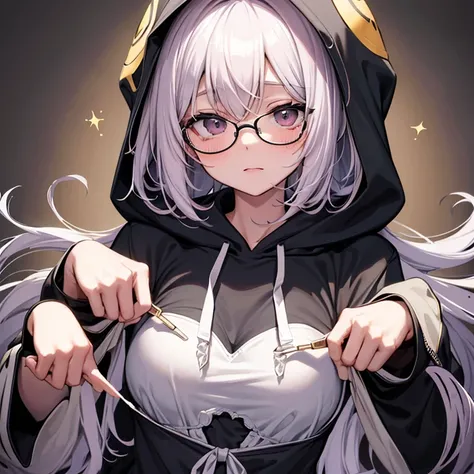 messy hair、dull bangs、messy hair、Sloppy、cross-eyed、drunk、( fool / Sexual ecstasy)、Glasses、highest quality, Super delicate illustration, Beautiful charming anime girl, slender body, tied hair, one girl,wearing a hood,hoodie、bust shot、Hands are not reflected