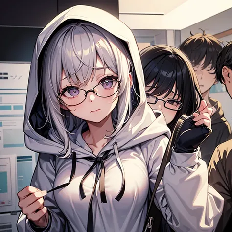 messy hair、dull bangs、messy hair、Sloppy、cross-eyed、drunk、( fool / Sexual ecstasy)、Glasses、highest quality, Super delicate illustration, Beautiful charming anime girl, slender body, tied hair, one girl,wearing a hood,hoodie、bust shot、close up of face