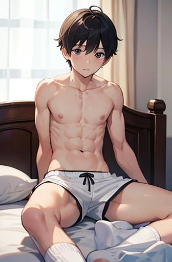 masterpiece, best quality, a boy, short shorts, white socks，Shirtless，bed