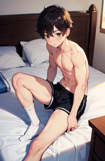 masterpiece, best quality, a boy, short shorts, white socks，Shirtless，bed