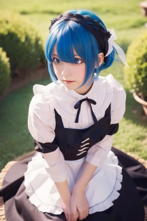 rezerorem, rem, blue eyes, blue hair, hair ornament, hair over one eye, hair ribbon, short hair, x hair ornament, BREAK apron, black ribbon, black skirt, black sleeves, detached collar, detached sleeves, flower, frilled apron, frilled skirt, frills, head w...