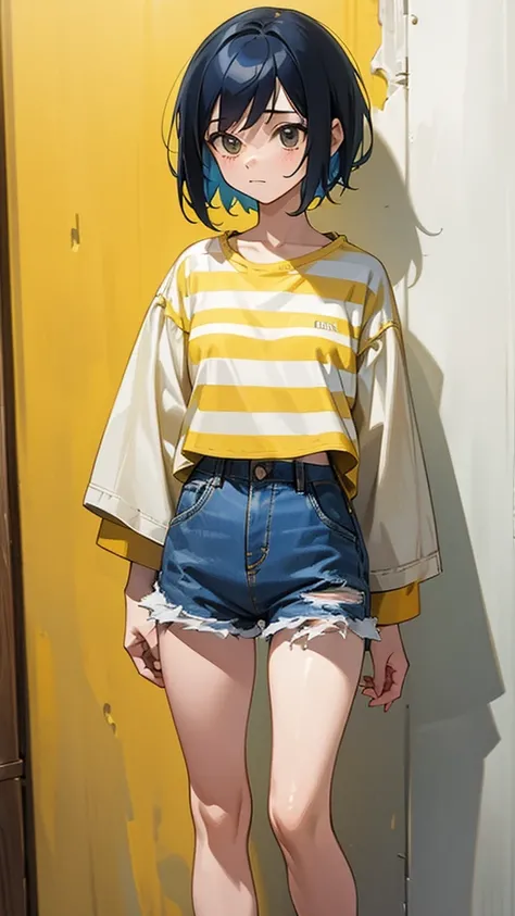 arafed woman in a striped shirt and denim skirt standing against a yellow wall, cute casual streetwear, casual clothes, casual clothing, denim short pants, casual clothing style, simple clothes, 90s style, simple clothing!!!!!, she is wearing streetwear, c...