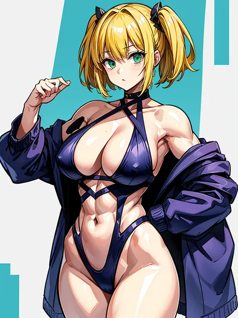 （（（masterpiece、Highest image quality、highest quality、highly detailed unity 8ｋwallpaper）））、（（Illustration of one girl））、（（（beautiful girl、cool）））、（（blonde、pixie cut：1.2、two side up、sidelocks、green eyes））、（（（tall、stocky build, thickset physique：1.3, muscular...