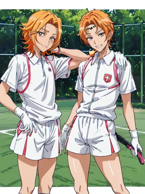 (((official art,Super thin illustration,High resolution, In 4K, 8K, High resolution, muste piece, best quality,best quality:1.3))), (little boy),12 years old, A young tennis idol with a cute face.,A boy who looks like the prince of tennis、 Standing ceremon...