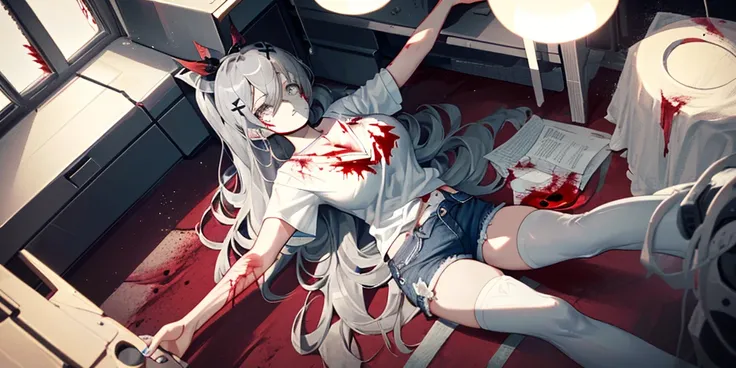 ((Lie on the ground)), Silver Wolf, Collapse Star Rail, 1 girl, alone, ((white shirt)), black Thighhighs, big breasts, cleavage, uniform, office background, denim shorts, office, ((Killed)), ((From above)), (cinematic lighting), (Put your arms on the groun...