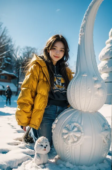 a cute and beautiful girl, smile, fashionably dressed in a bright orange puffer jacket, magical ice sculpture world, snowy landscape filled with snowflakes. a sweet and ideal character, Japanese cartoons, korean girl, full of anticipation and courage for a...