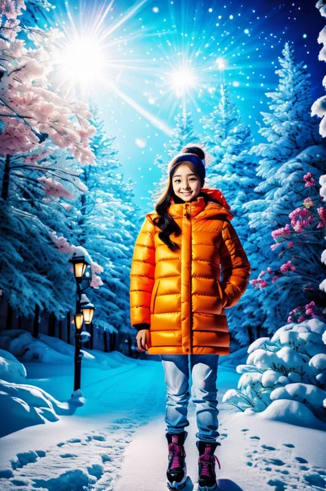 a cute and beautiful girl, smile, fashionably dressed in a bright orange puffer jacket, magical ice sculpture world, snowy landscape filled with snowflakes. a sweet and ideal character, Japanese cartoons, korean girl, full of anticipation and courage for a...