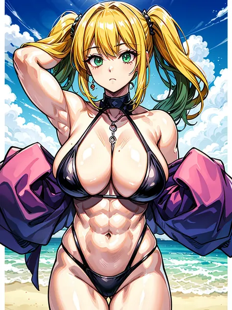 （（（masterpiece、Highest image quality、highest quality、highly detailed unity 8ｋwallpaper）））、（（Illustration of one girl））、（（（beautiful girl、cool）））、（（blonde、pixie cut：1.2、two side up、sidelocks、green eyes））、（（（tall、stocky build, thickset physique：1.3, muscular...