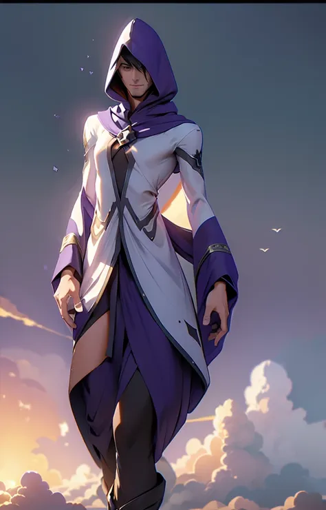 (((man in (purple hood/cloak:1.2) with black lines))), face visible, green eyes.  symbol on chest, visible hands, human anatomy