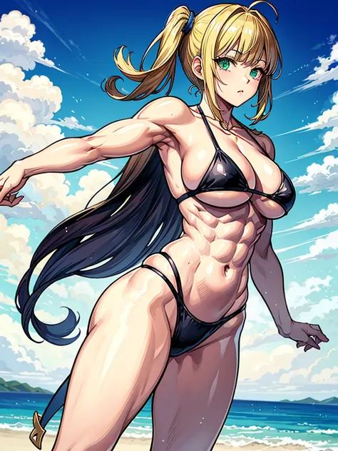 （（（masterpiece、Highest image quality、highest quality、highly detailed unity 8ｋwallpaper）））、（（Illustration of one girl））、（（（beautiful girl、cool）））、（（blonde、pixie cut：1.2、two side up、sidelocks、green eyes））、（（（tall、stocky build, thickset physique：1.3, muscular...