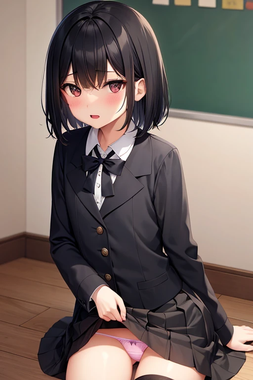 childlike young, black hair, medium bob ,flat chest,1girl,school uniform,panty shot,wariza,skirt lift,nsfw