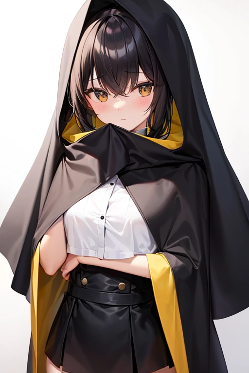 long black cloak　girl hiding her face with a mask　Hair is yellow　black mini skirt　white cutter shirt