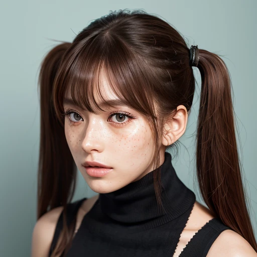 A highly detailed professional ultra-realistic 8k CG masterpiece of an elegant woman. She has asymetrical bangs, shining skin. She wears perfect makeup, red eyliner and black eye shadows. She has ((straight long ginger hair in loose twintails)) and cyan ey...