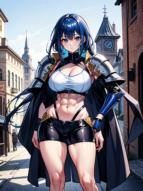 （（（masterpiece、Highest image quality、highest quality、highly detailed unity 8ｋwallpaper）））、（（Illustration of one girl））、（（（beautiful girl）））、blue hair、stocky build, thickset physique：1.3, muscular legs, broad shoulders, solid chest、adventurer、white armor、Me...