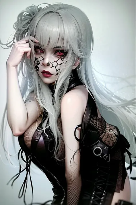 araffe woman with white hair and black and white makeup posing, pale goth beauty, gothic horror vibes, scary look, goth girl, goth girl aesthetic, 1 7 - year - old goth girl, goth makeup, gothic aesthetic, 1 7 - year - old anime goth girl, gothic makeup, g...