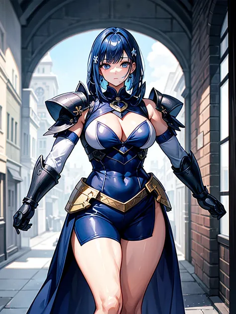 （（（masterpiece、Highest image quality、highest quality、highly detailed unity 8ｋwallpaper）））、（（Illustration of one girl））、（（（beautiful girl）））、blue hair、stocky build, thickset physique：1.3, muscular legs, broad shoulders, solid chest、（adventurer）、white armor、...