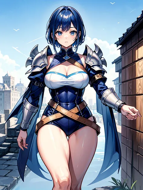 （（（masterpiece、Highest image quality、highest quality、highly detailed unity 8ｋwallpaper）））、（（Illustration of one girl））、（（（beautiful girl）））、blue hair、stocky build, thickset physique：1.3, muscular legs, broad shoulders, solid chest、（adventurer）、white armor、...