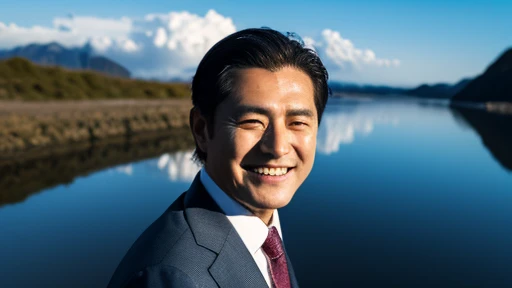 UHD image quality, The background is the demon world, shining brightly, All water is lava, Dark sky, With Japan people、There is a man who is a politician, Man is wearing a suit, The man is smiling and looking at the scenery