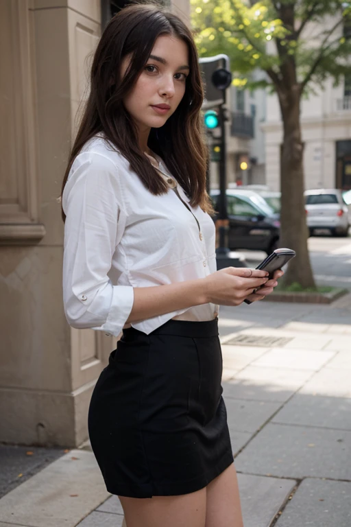 young woman with a smartphone in her hand with secreatary style clothes