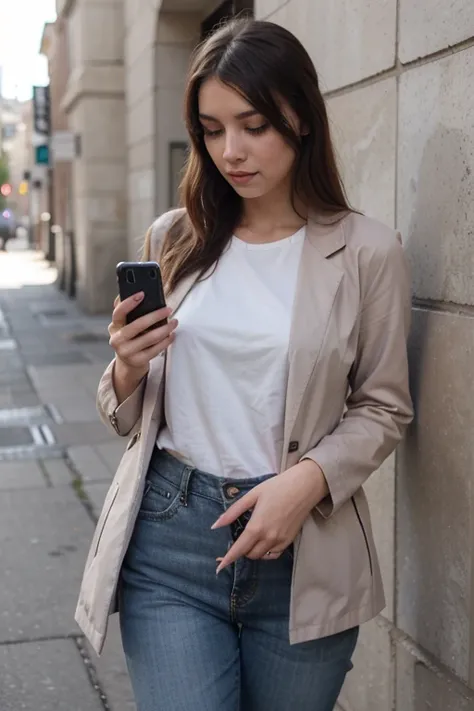 young woman with a smartphone in her hand with secreatary style clothes