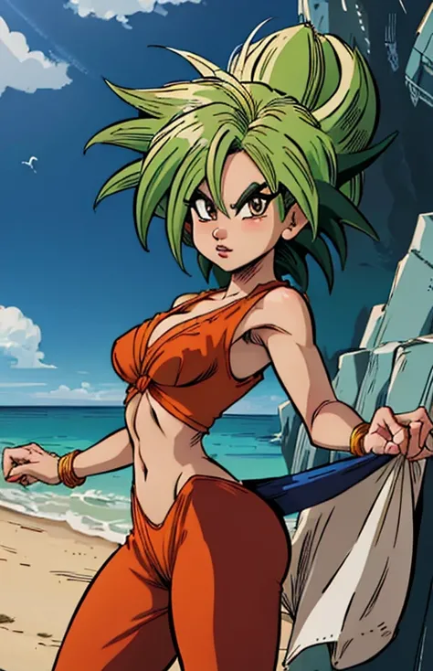 Dragon Ball Goku na praia, garota saiyajin, estilo de arte de dragon ball, high definition art, estilo dragon ball z, Goku Feminino, Broly, arte em alta qualidade, Dragon ball style, arte conceitual de Dragon Ball, estilo anime 4k, fanart requintada altame...