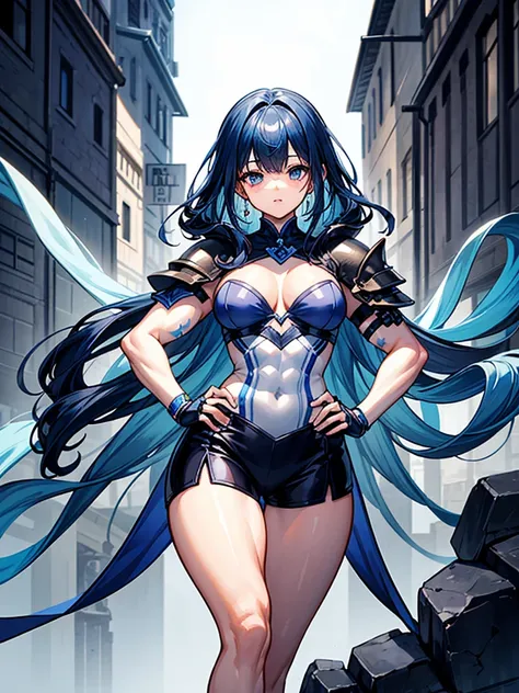 （（（masterpiece、Highest image quality、highest quality、highly detailed unity 8ｋwallpaper）））、（（Illustration of one girl））、（（（beautiful girl）））、blue hair、stocky build, thickset physique：1.3, muscular legs, broad shoulders, solid chest、（adventurer）、white armor、...