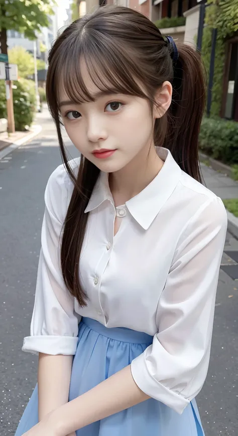 highest quality,masterpiece,ultra high resolution,full body portrait,8K,Super detailed,beautiful face,delicate face,Big eyes:1.1,compensate:1.2,1 woman,slender body,small bust,Random and cute clothes,outdoor scene,Are standing,ponytail,looking at the camer...