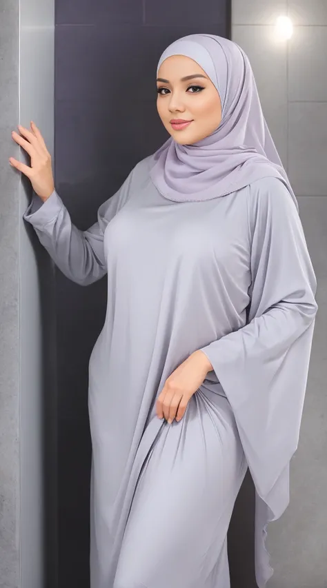 Girl, big boobs, grey hijab, long hair, violet, lingerie, lay, handsup, white liquid, young