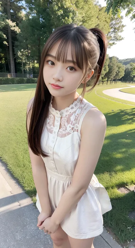 highest quality,masterpiece,ultra high resolution,full body portrait,8K,Super detailed,beautiful face,delicate face,Big eyes:1.1,compensate:1.2,1 woman,slender body,small bust,Random and cute clothes,outdoor scene,Are standing,ponytail,looking at the camer...