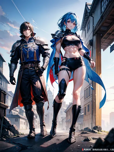 （（（masterpiece、Highest image quality、highest quality、highly detailed unity 8ｋwallpaper）））、（（Illustration of one girl））、（（（beautiful girl）））、blue hair、stocky build, thickset physique：1.3, muscular legs, broad shoulders, solid chest、（adventurer）、white armor、...