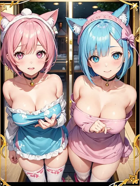 2girls,re zero,rem( Blue hair, Short bob hair, large breasts),ram(pink hair, Short hair), navel, virgin_killer_sweater, ((cowboy shot)),
masterpiece, best quality, ultra-detailed, 
(Create a card with a frame) (Familiar faces) Soul card, cat girl wearing a...