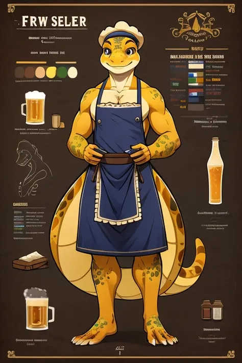 hi-res, good graphics, great anatomy, anatomically correct. Character sheet, Character: Jay, 57, Male, Pronoun: He/Him, Race: Anthro Gecko, Occupation: Brewer/Beer seller/Alchemist, Often seen wearing only an apron