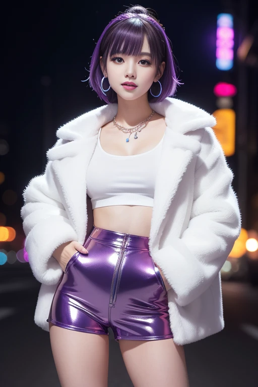 female idol、lipgloss、smiling face、full body Esbian、shiny very large earrings（neon purple)、shiny very large necklace（neon purple)、shiny glossy latex tight hot pants（neon purple)、clutch（neon purple)、((short hair（neon purple)))、(long white fluffy fur coat wit...