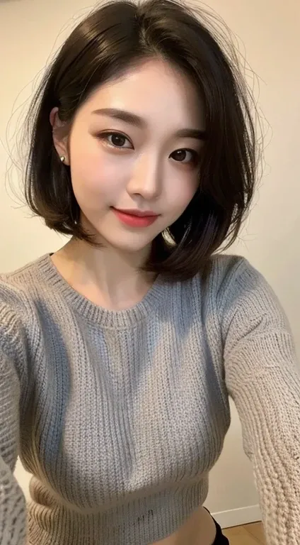 ((highest quality, 8K, masterpiece: 1.3)), 1 girl, The beauty of slim abs: 1.3, (hairstyle casual, big: 1.2), knit、sweater: 1.1, super slender face, delicate eyes, double eyelid, smile, Home,selfie