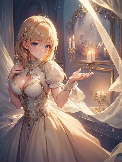 ((masterpiece+best quality+High resolution),(dreamy atmosphere+soft lighting),(1 character),(mysterious expression+elegant pose),(hair loss+bright eyes),(Magic costume+delicate details)).