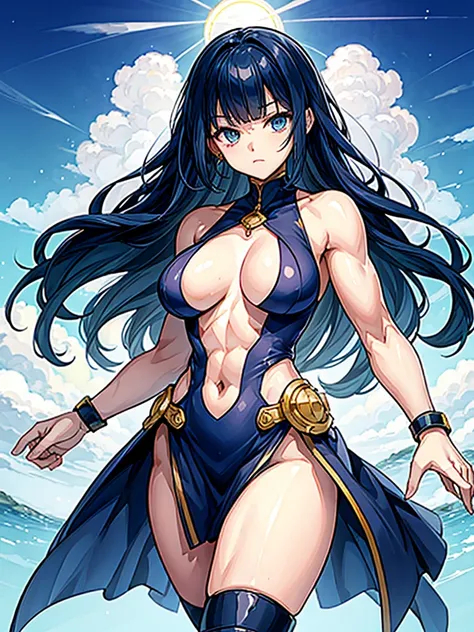 （（（masterpiece、Highest image quality、highest quality、highly detailed unity 8ｋwallpaper）））、（（Illustration of one girl））、（（（beautiful girl）））、blue hair、stocky build, thickset physique：1.3, muscular legs, broad shoulders, solid chest、（adventurer）、white armor、...