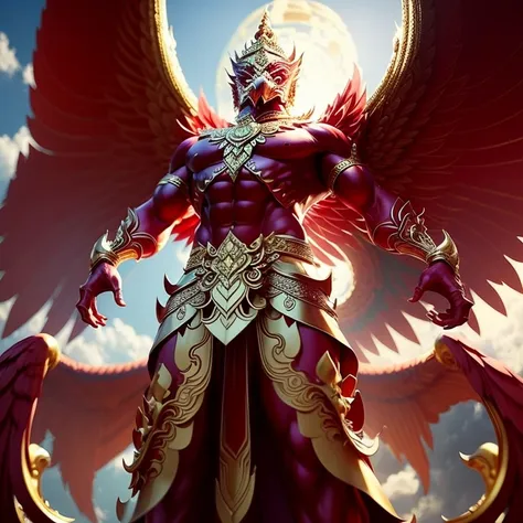 (garuda 1) red eyes, muscular body. best anatomy: red-skinned garuda. red-haired garuda. large, outstretched, red-winged garuda....