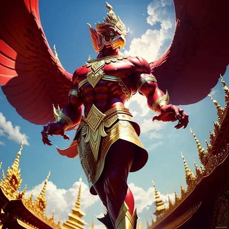 (Garuda 1) Red eyes, muscular body. Best anatomy: Red-skinned Garuda. Red-haired Garuda. Large, outstretched, red-winged Garuda. perfect wingspan Wear jewelry made from gold with Thai patterns. Gold jewelry decorated with diamonds on Garudas head Wearing T...