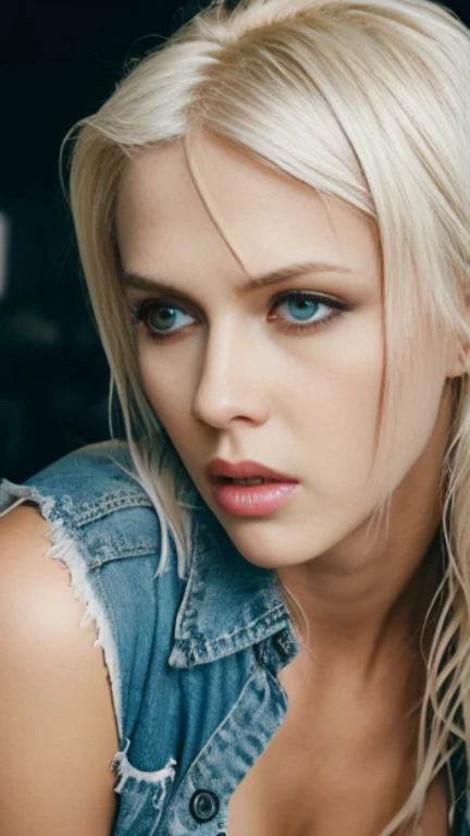 photograph of a sexy woman, (troubled facial expression), textured skin, goosebumps, long platinum blonde hair, white satin shirt with distressed boyfriend jeans, sitting in the back of an Uber after a night out, perfect ice-blue eyes, 