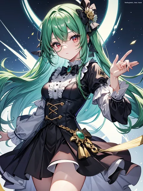 （（（masterpiece、Highest image quality、highest quality、highly detailed unity 8ｋwallpaper）））、（（Illustration of one girl））、（（（beautiful girl）））、（Emerald green hair、sidelocks：1.2、red eyes）、（（（Black top hat、tuxedo）））、monocle、kubrick stare