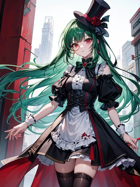 （（（masterpiece、Highest image quality、highest quality、highly detailed unity 8ｋwallpaper）））、（（Illustration of one girl））、（（（beautiful girl）））、（Emerald green hair、sidelocks：1.2、red eyes）、（（（Black top hat、tuxedo）））、monocle、（glasgow smile）